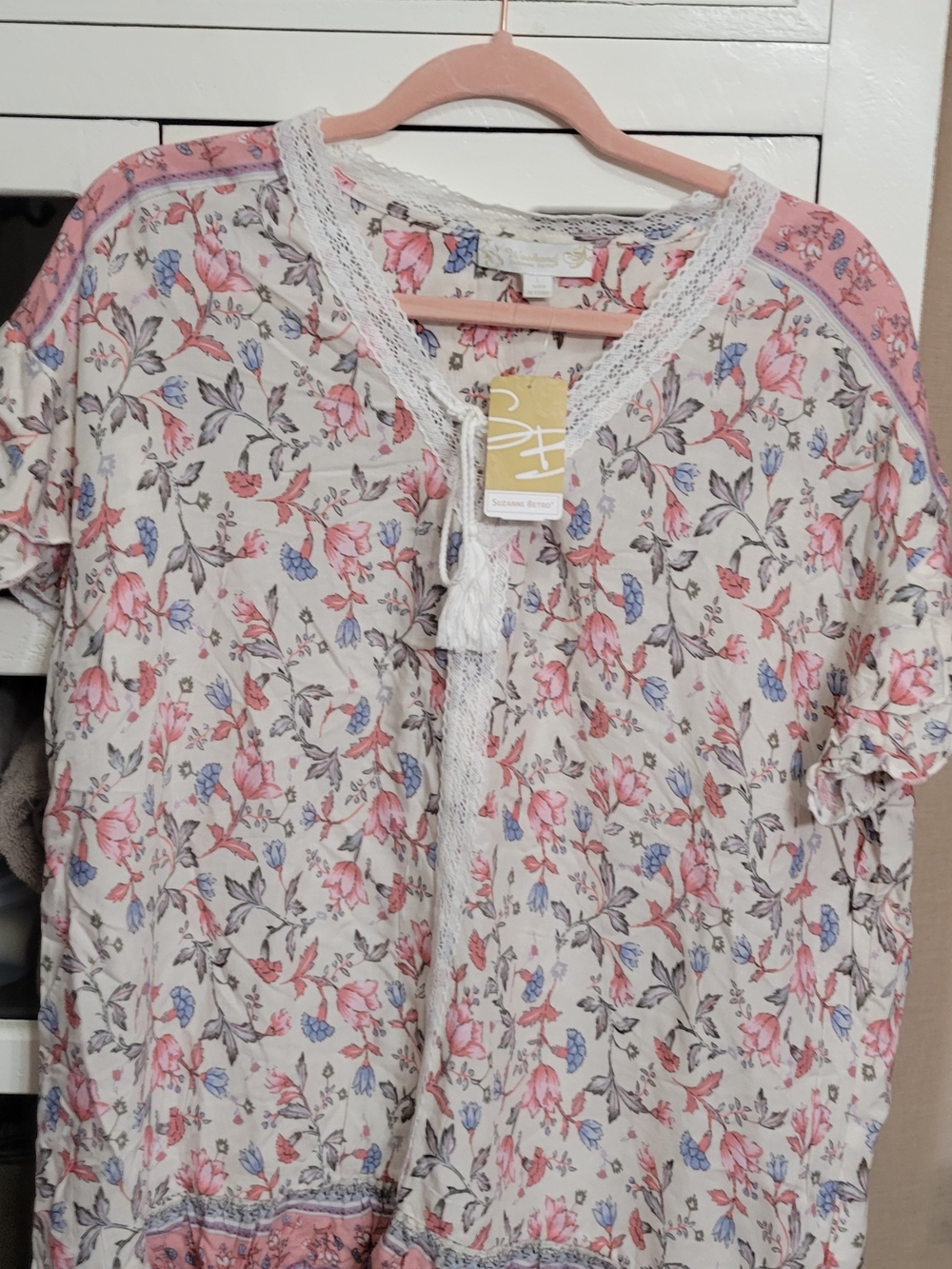 Suzanne Betro Cream Floral Peasant Tunic with Pink & Blue Accents